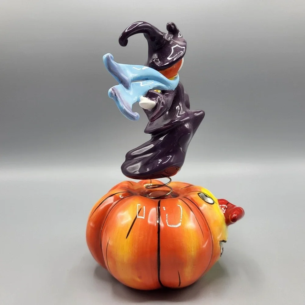 Apple's Halloween Witch on Pumpkin Bobble Figurine Decor 7.5in Purple Orange